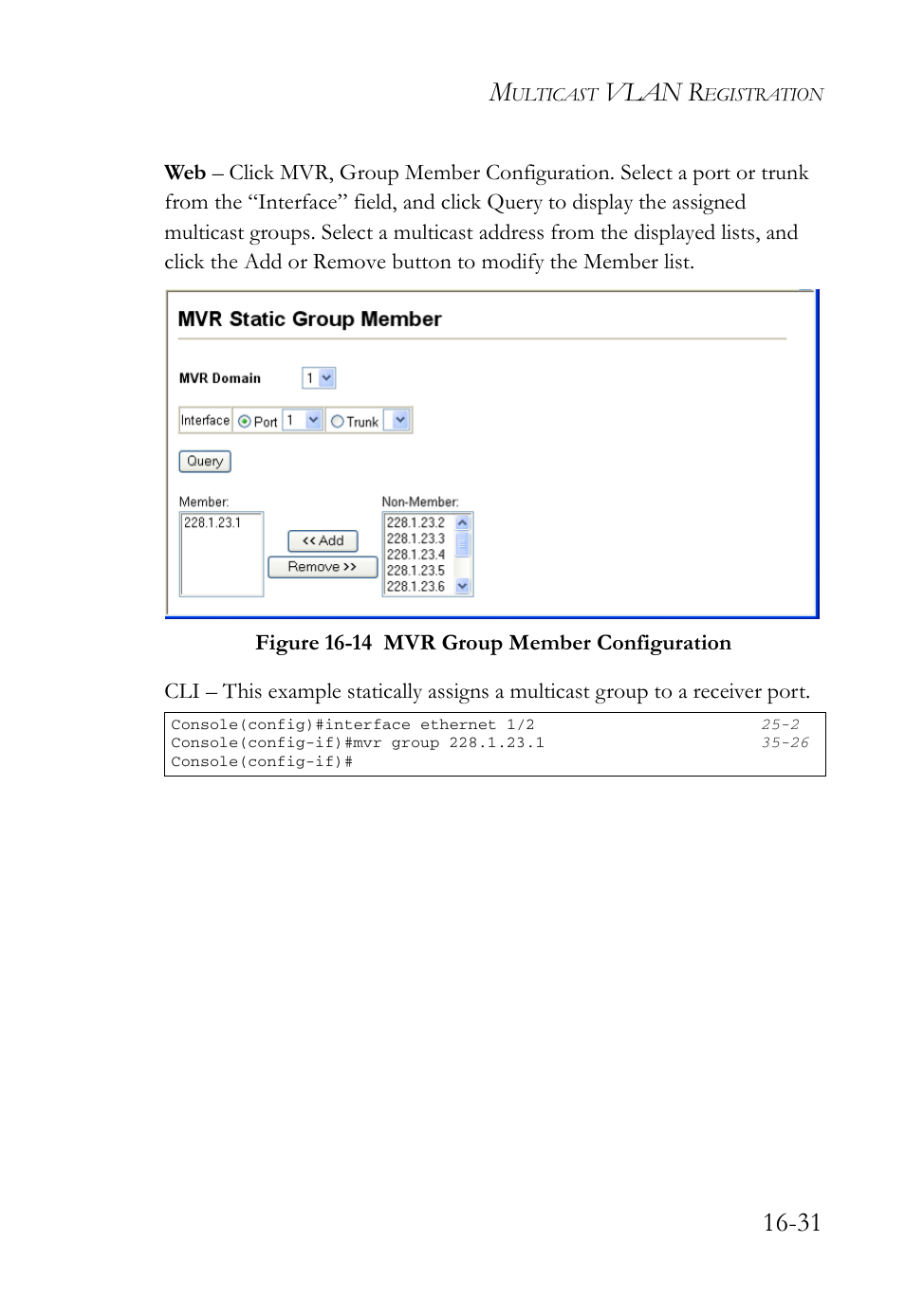 Figure 16-14 mvr group member configuration -31, Vlan r | SMC Networks TigerAccess SMC7816M User Manual | Page 427 / 962