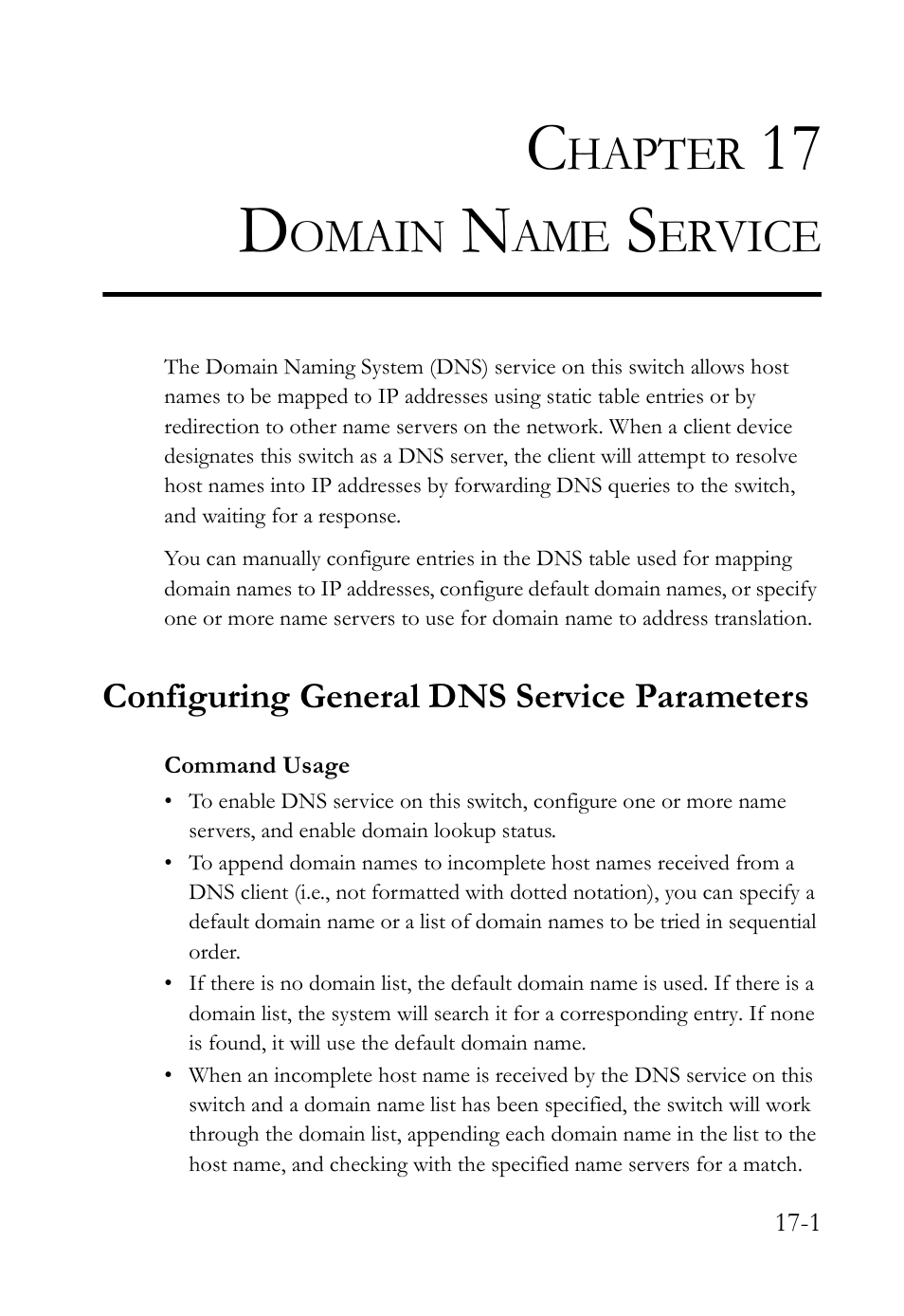 Chapter 17 domain name service, Configuring general dns service parameters, Domain name service -1 | Configuring general dns service parameters -1, Domain name service, 17 d, Hapter, Omain, Ervice | SMC Networks TigerAccess SMC7816M User Manual | Page 429 / 962