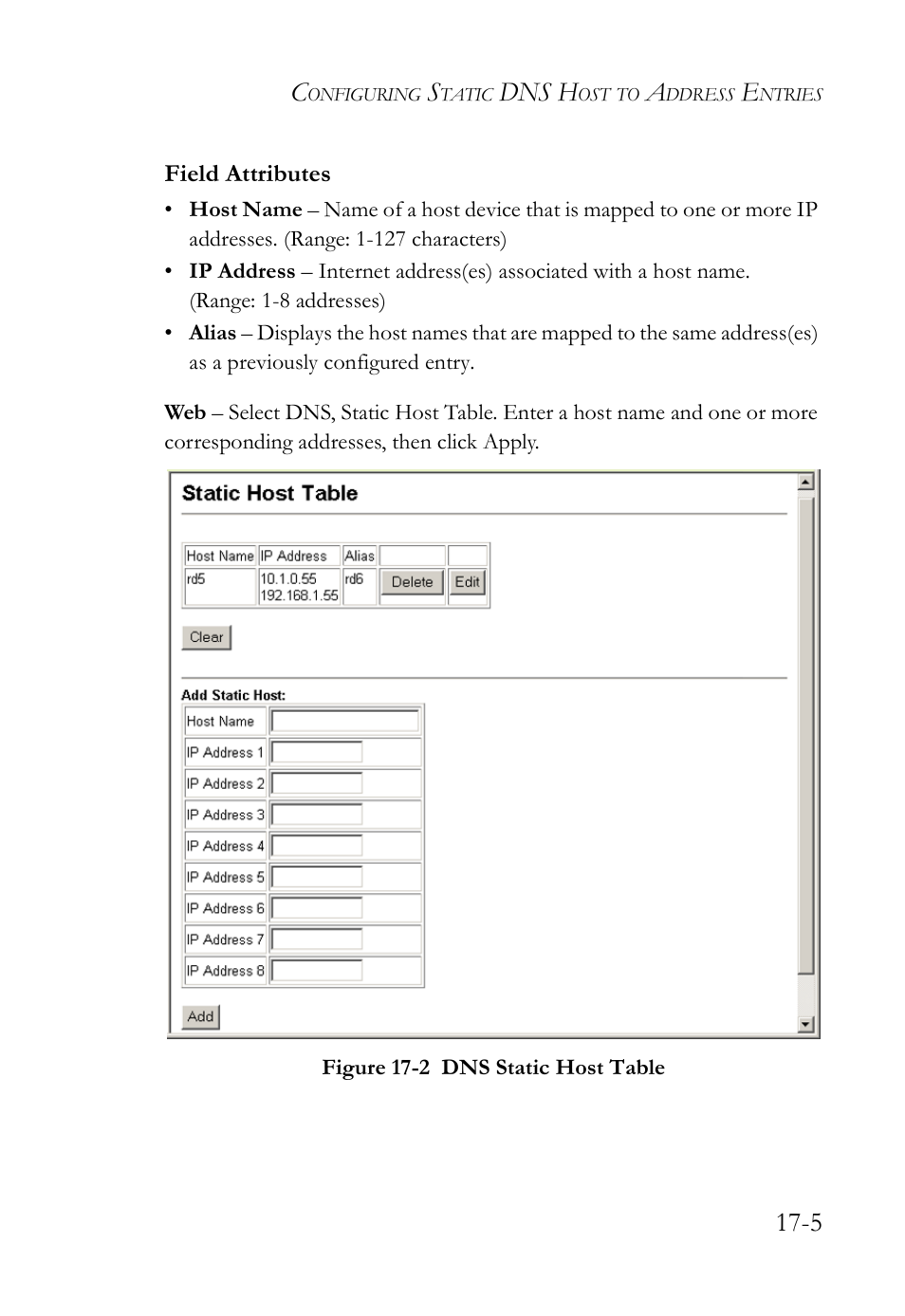Figure 17-2 dns static host table -5, Dns h | SMC Networks TigerAccess SMC7816M User Manual | Page 433 / 962