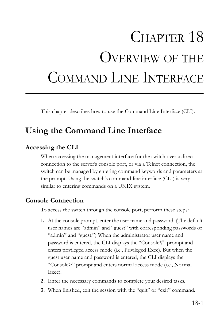 Chapter 18 overview of the command line interface, Using the command line interface, Accessing the cli | Console connection, Overview of the command line interface -1, Using the command line interface -1, Accessing the cli -1, Console connection -1, Overview of the command line interface, 18 o | SMC Networks TigerAccess SMC7816M User Manual | Page 439 / 962