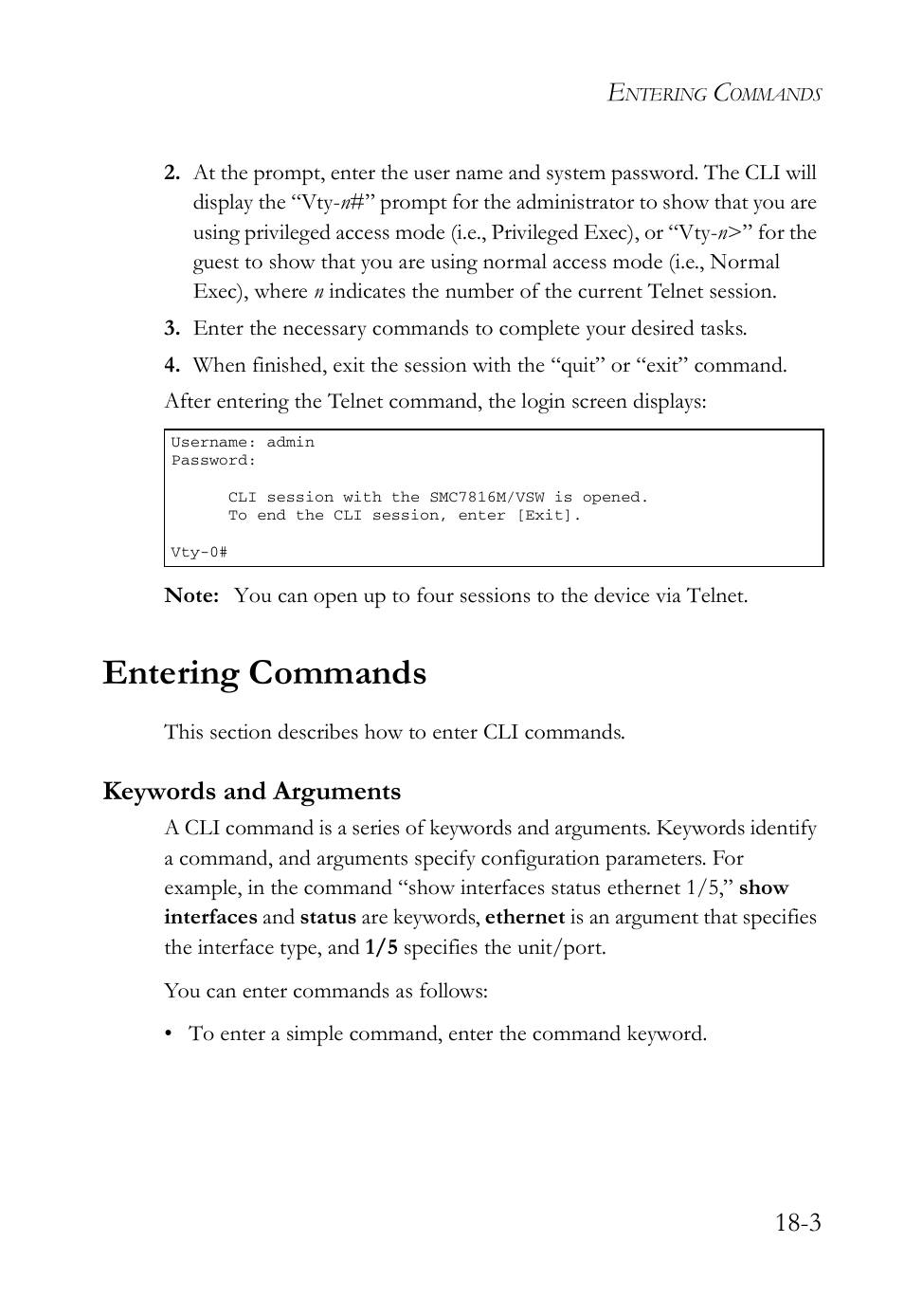Entering commands, Keywords and arguments, Entering commands -3 | Keywords and arguments -3 | SMC Networks TigerAccess SMC7816M User Manual | Page 441 / 962