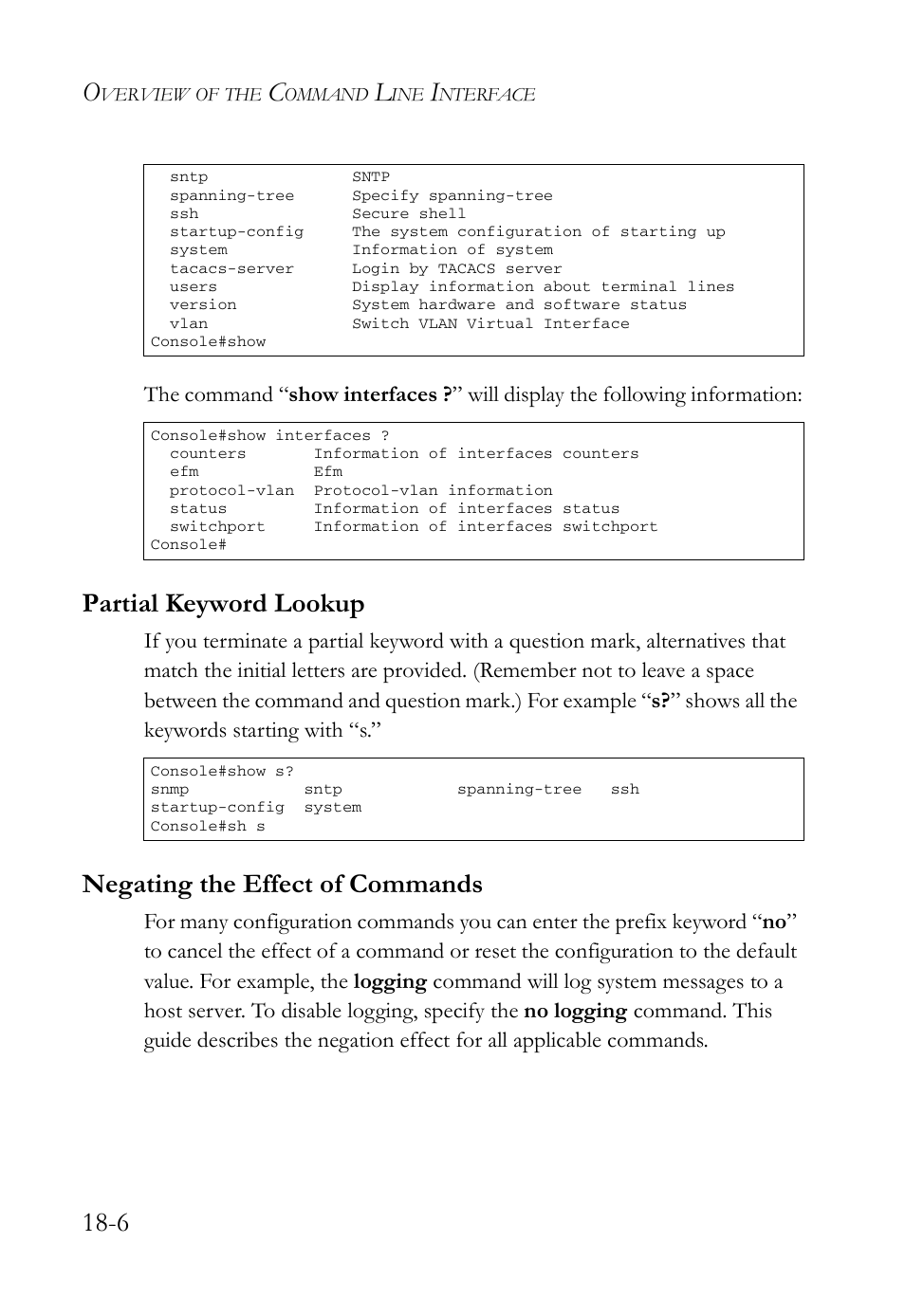 Partial keyword lookup, Negating the effect of commands | SMC Networks TigerAccess SMC7816M User Manual | Page 444 / 962