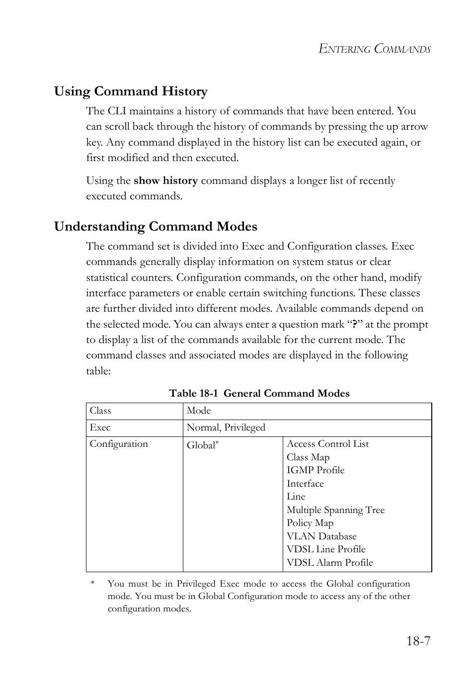 Using command history, Understanding command modes, Table 18-1 general command modes -7 | 7 using command history | SMC Networks TigerAccess SMC7816M User Manual | Page 445 / 962