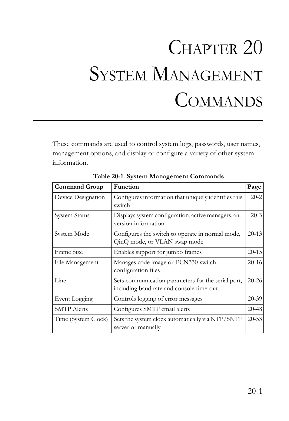 Chapter 20 system management commands, 20 system management commands -1, Table 20-1 system management commands -1 | System management commands, 20 s, Hapter, Ystem, Anagement, Ommands | SMC Networks TigerAccess SMC7816M User Manual | Page 461 / 962