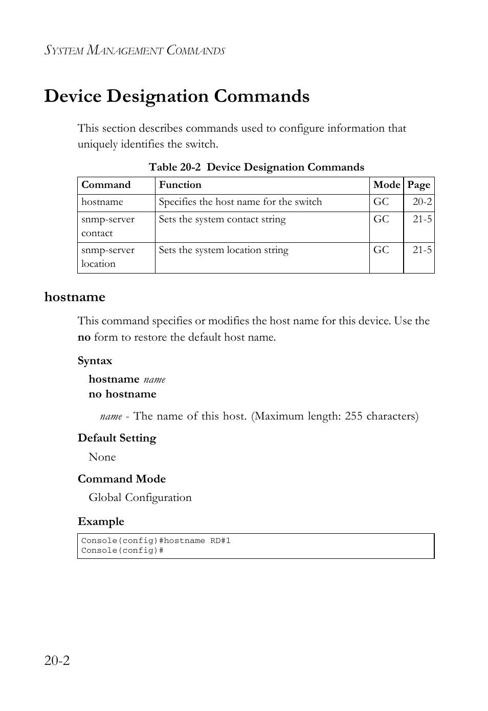 Device designation commands, Hostname, Device designation commands -2 | Hostname -2, Table 20-2 device designation commands -2 | SMC Networks TigerAccess SMC7816M User Manual | Page 462 / 962