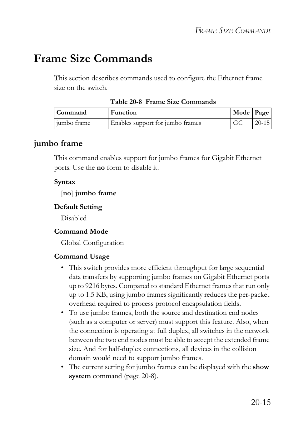 Frame size commands, Jumbo frame, Frame size commands -15 | Jumbo frame -15, Table 20-8 frame size commands -15 | SMC Networks TigerAccess SMC7816M User Manual | Page 475 / 962