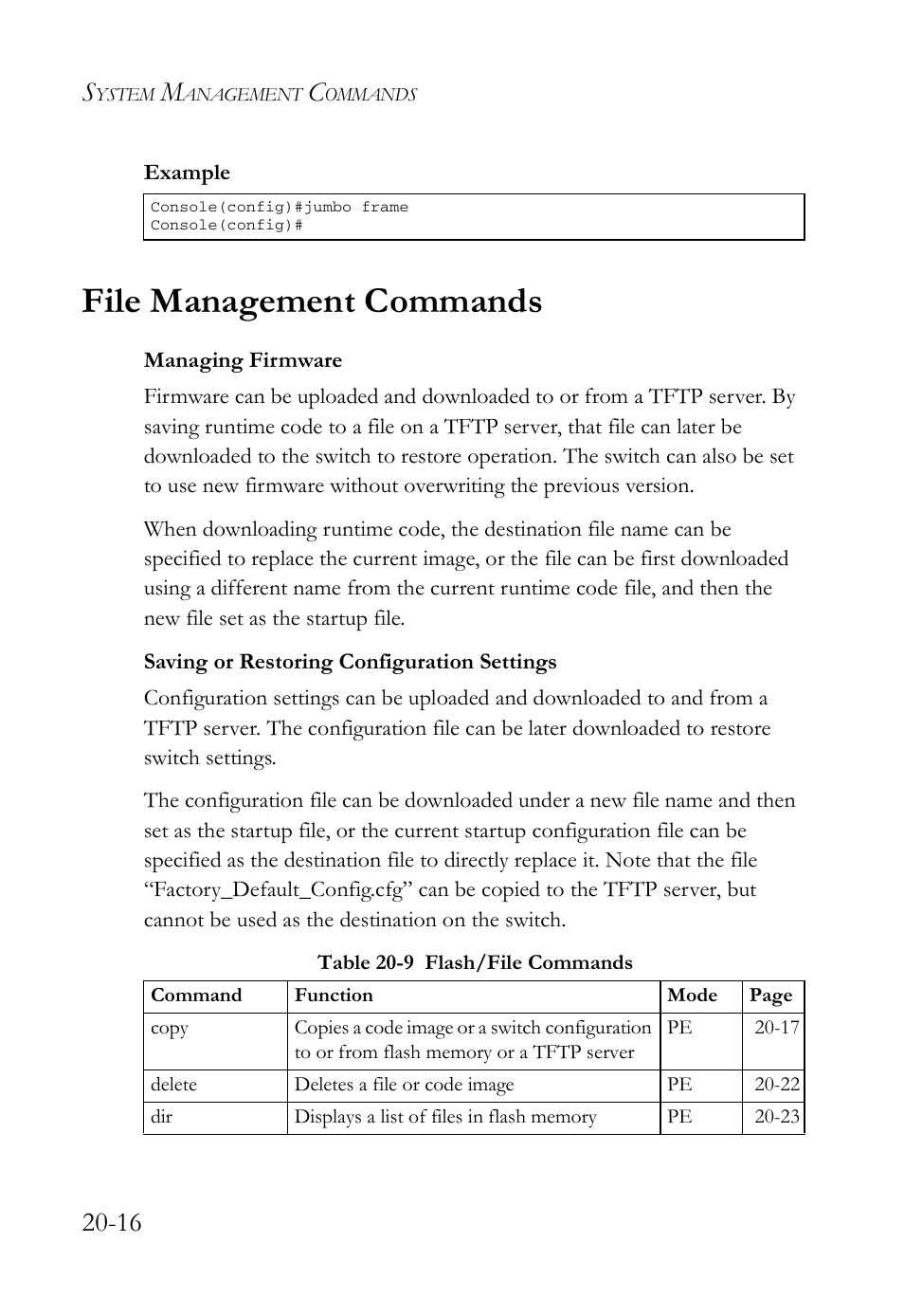 File management commands, File management commands -16, Table 20-9 flash/file commands -16 | SMC Networks TigerAccess SMC7816M User Manual | Page 476 / 962