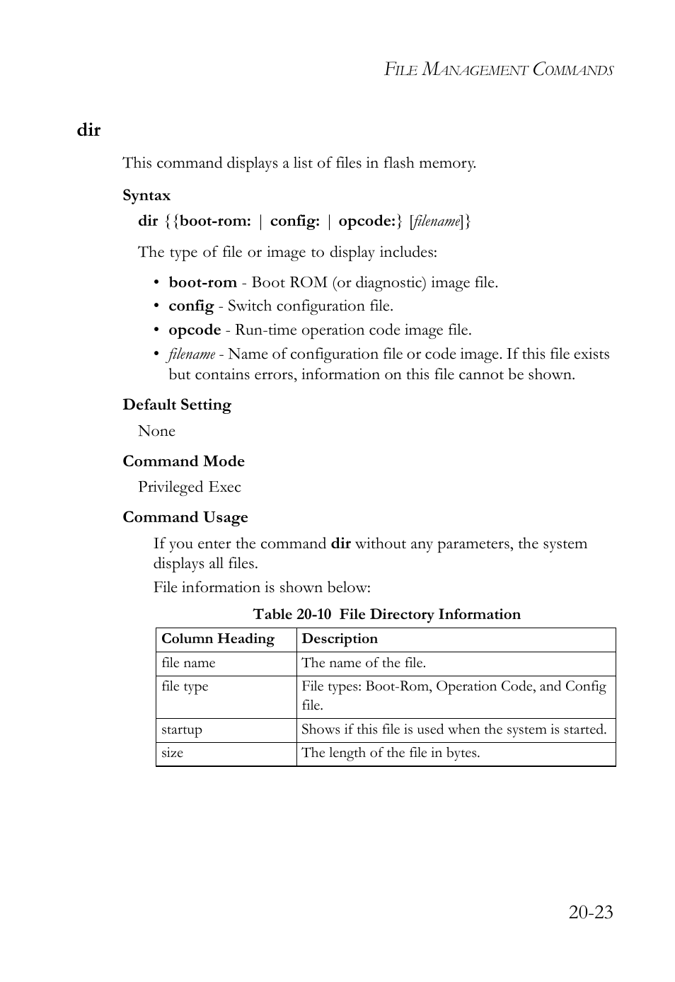 Dir -23, Table 20-10 file directory information -23, 23 dir | SMC Networks TigerAccess SMC7816M User Manual | Page 483 / 962