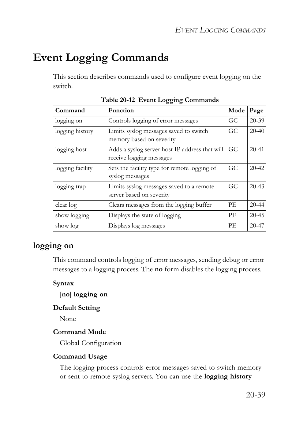 Event logging commands, Logging on, Event logging commands -39 | Logging on -39, Table 20-12 event logging commands -39 | SMC Networks TigerAccess SMC7816M User Manual | Page 499 / 962