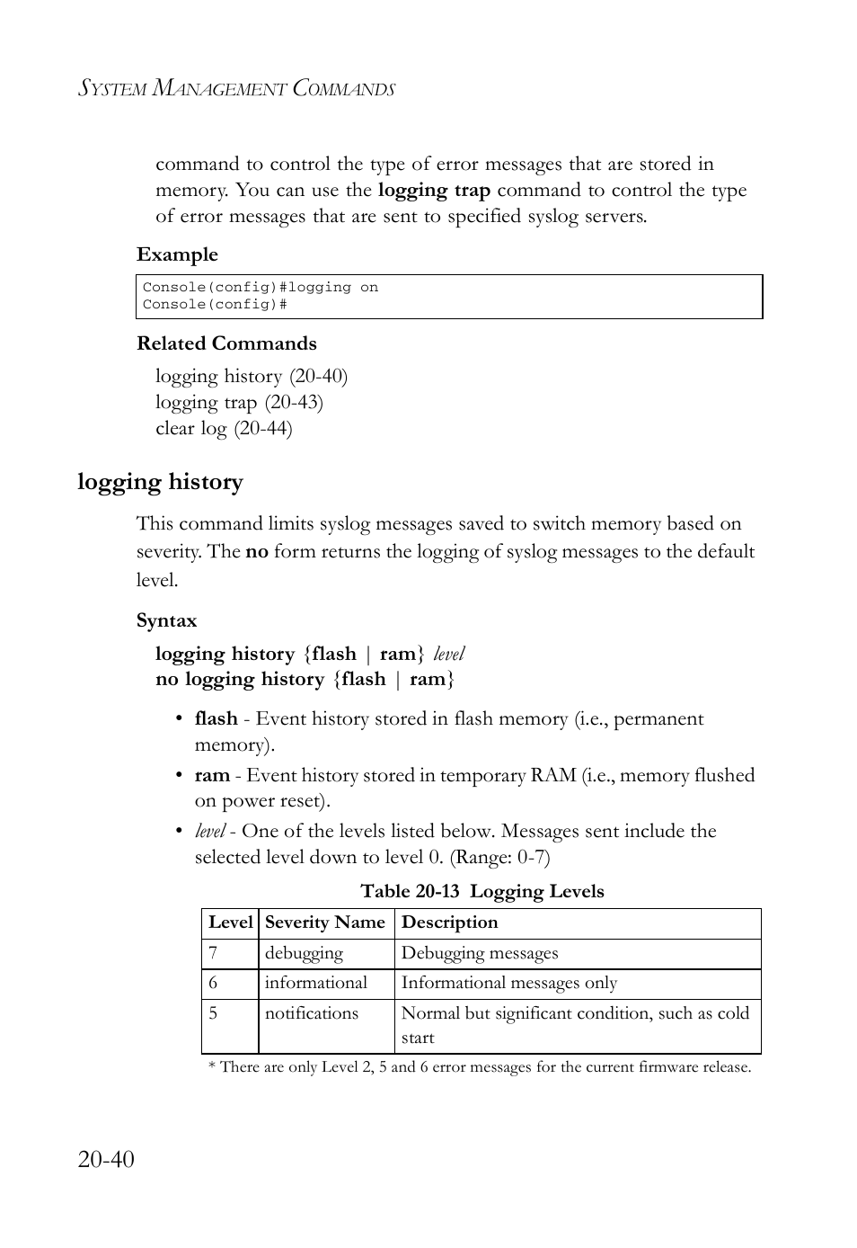 Logging history, Logging history -40, Table 20-13 logging levels -40 | SMC Networks TigerAccess SMC7816M User Manual | Page 500 / 962