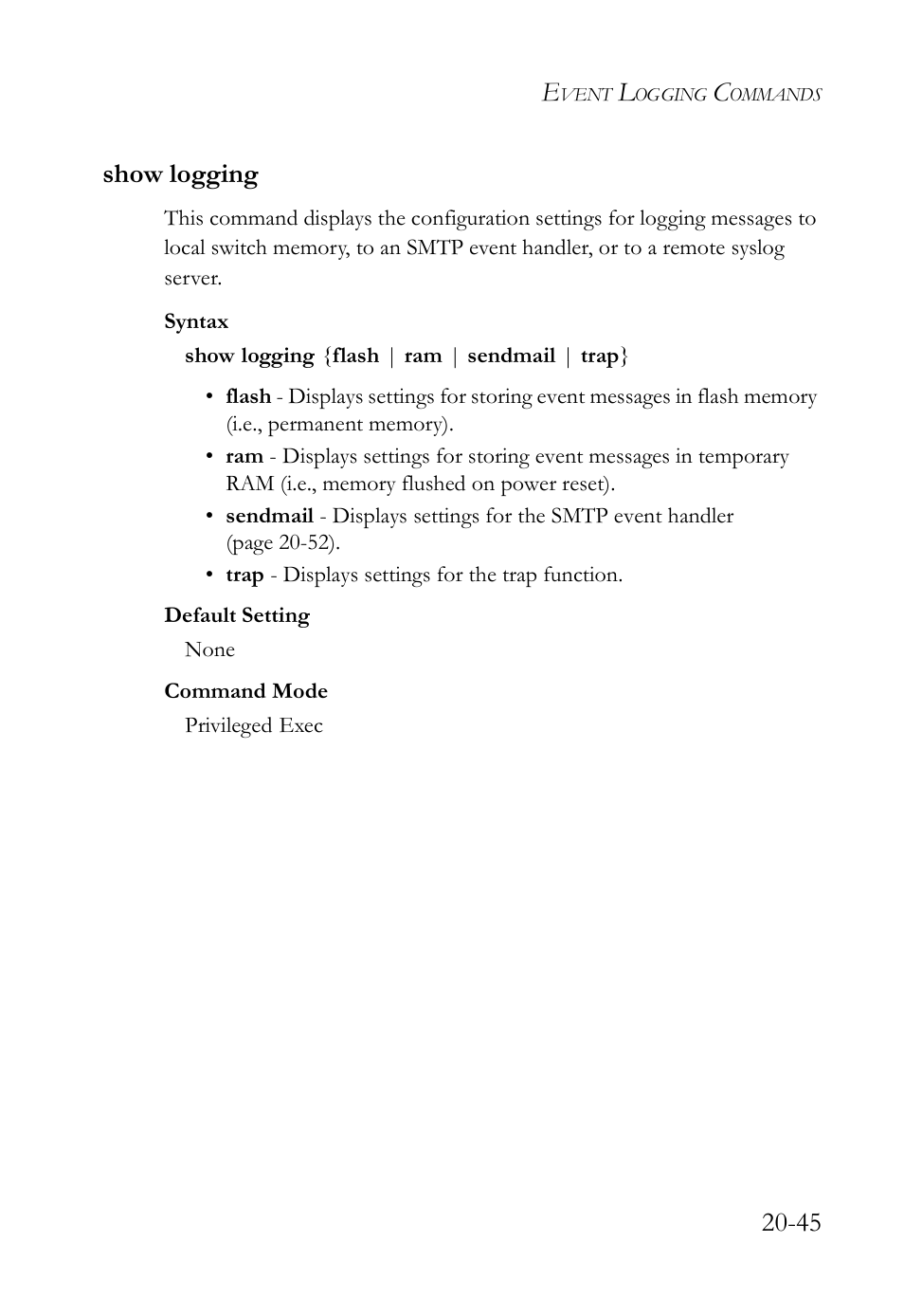 Show logging, Show logging -45, 45 show logging | SMC Networks TigerAccess SMC7816M User Manual | Page 505 / 962