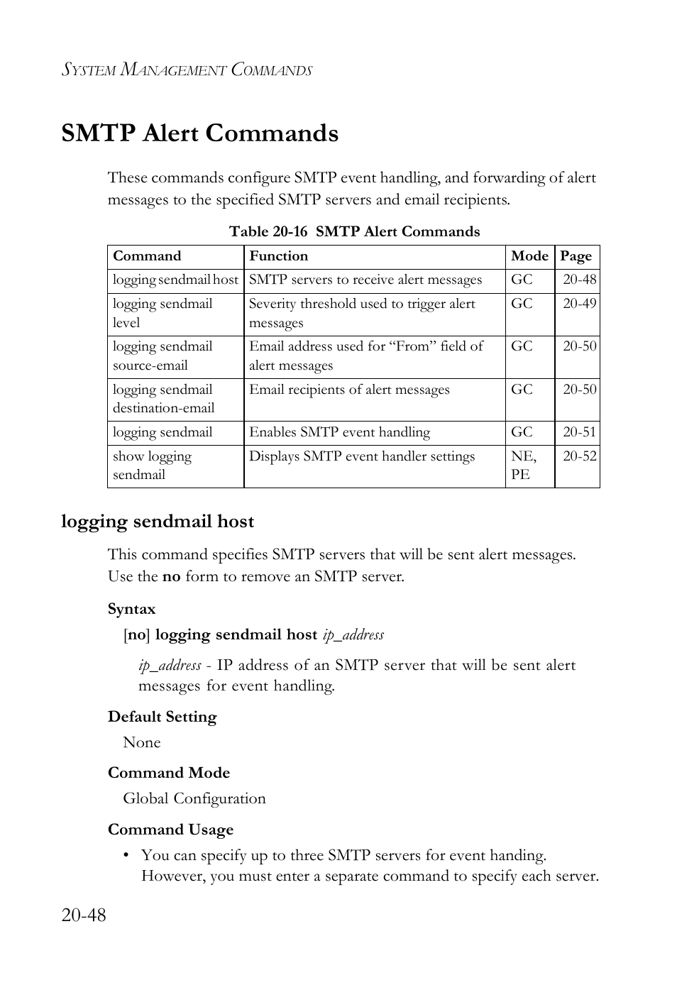 Smtp alert commands, Logging sendmail host, Smtp alert commands -48 | Logging sendmail host -48, Table 20-16 smtp alert commands -48 | SMC Networks TigerAccess SMC7816M User Manual | Page 508 / 962