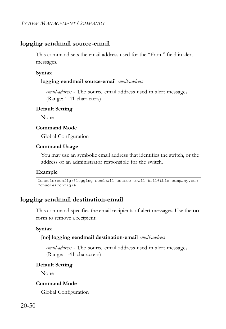 Logging sendmail source-email, Logging sendmail destination-email, 50 logging sendmail source-email | SMC Networks TigerAccess SMC7816M User Manual | Page 510 / 962