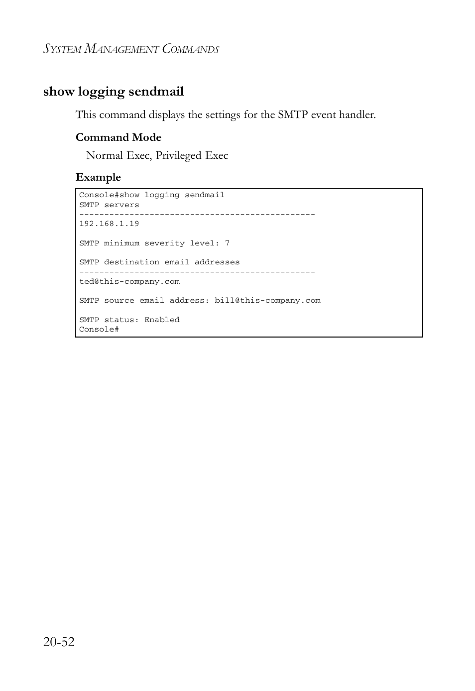 Show logging sendmail, Show logging sendmail -52, 52 show logging sendmail | SMC Networks TigerAccess SMC7816M User Manual | Page 512 / 962