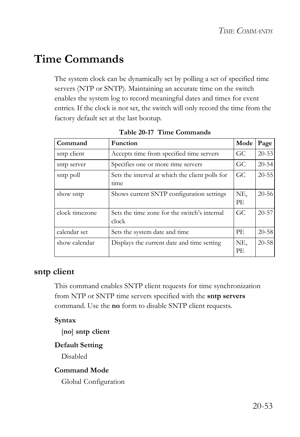 Time commands, Sntp client, Time commands -53 | Sntp client -53, Table 20-17 time commands -53 | SMC Networks TigerAccess SMC7816M User Manual | Page 513 / 962