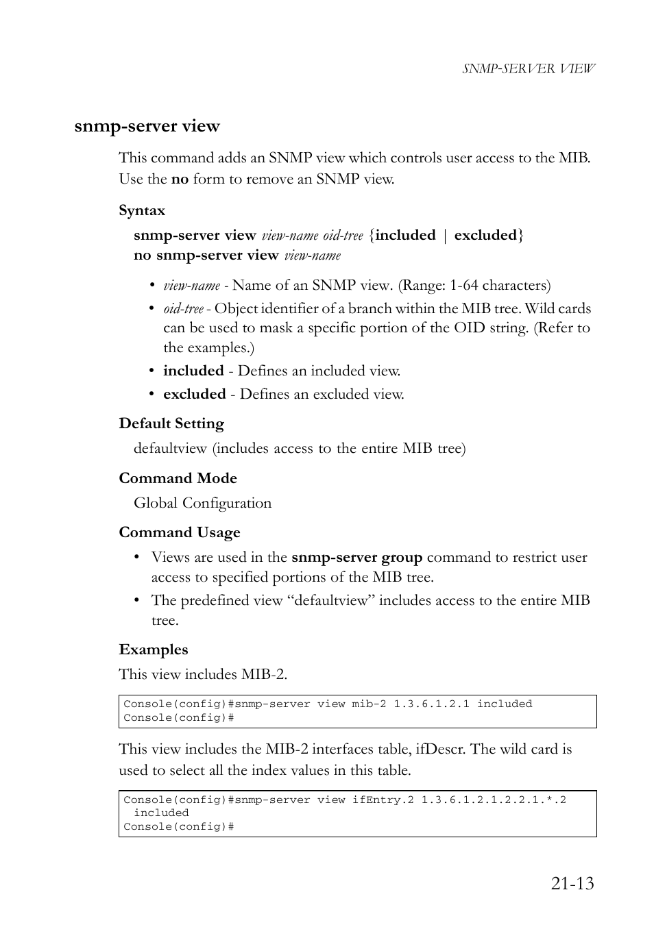 Snmp-server view, Snmp-server view -13, 13 snmp-server view | SMC Networks TigerAccess SMC7816M User Manual | Page 533 / 962