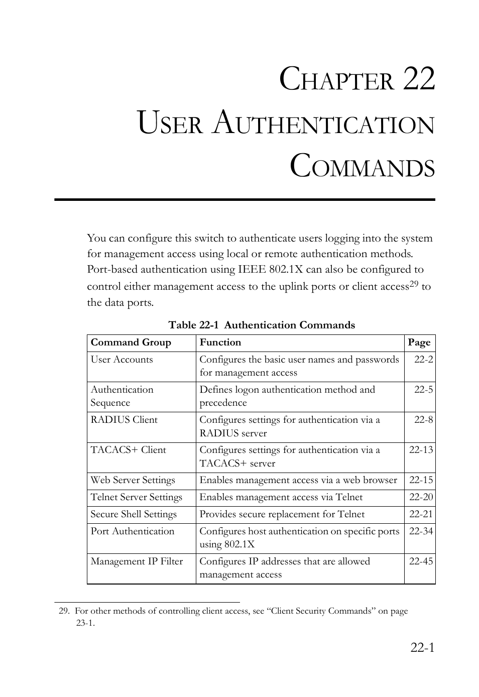 Chapter 22 user authentication commands, 22 user authentication commands -1, Table 22-1 authentication commands -1 | User authentication commands, 22 u, Hapter, Uthentication, Ommands | SMC Networks TigerAccess SMC7816M User Manual | Page 541 / 962