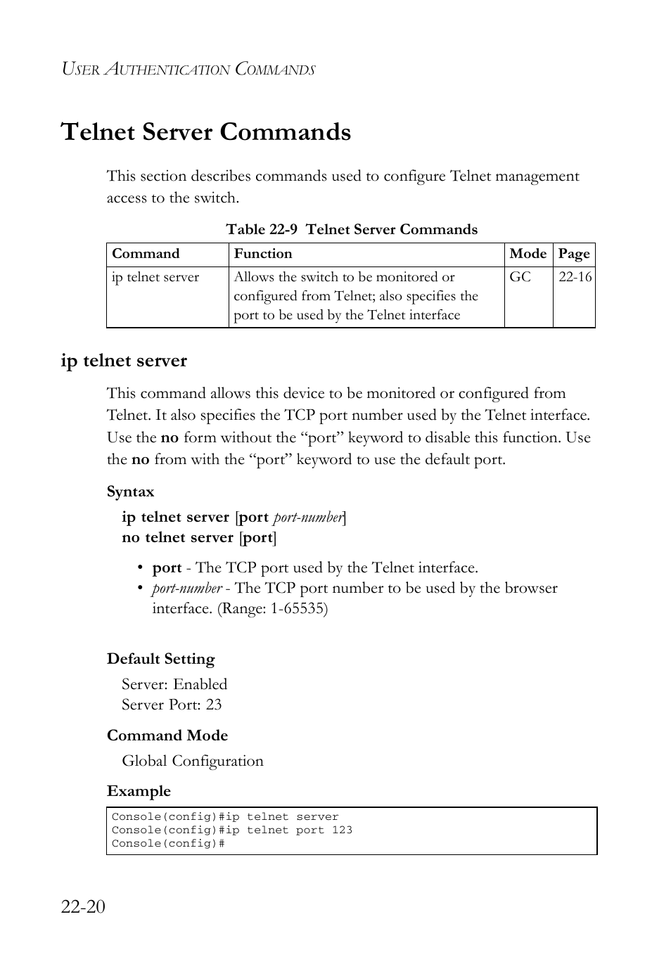Telnet server commands, Ip telnet server, Telnet server commands -20 | Ip telnet server -20, Table 22-9 telnet server commands -20 | SMC Networks TigerAccess SMC7816M User Manual | Page 560 / 962