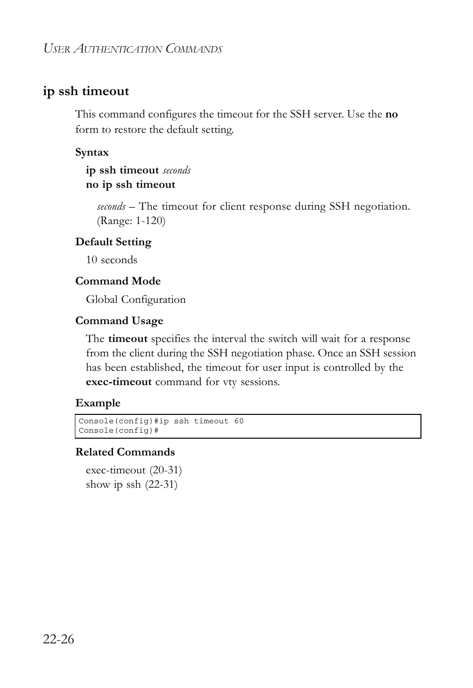 Ip ssh timeout, Ip ssh timeout -26, 26 ip ssh timeout | SMC Networks TigerAccess SMC7816M User Manual | Page 566 / 962