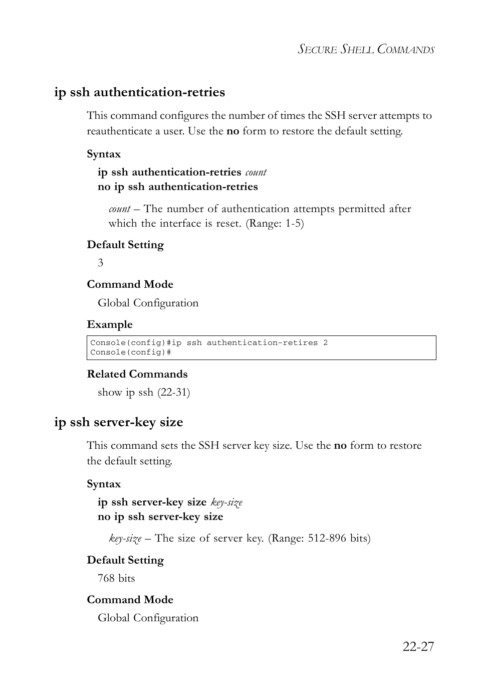 Ip ssh authentication-retries, Ip ssh server-key size, 27 ip ssh authentication-retries | SMC Networks TigerAccess SMC7816M User Manual | Page 567 / 962