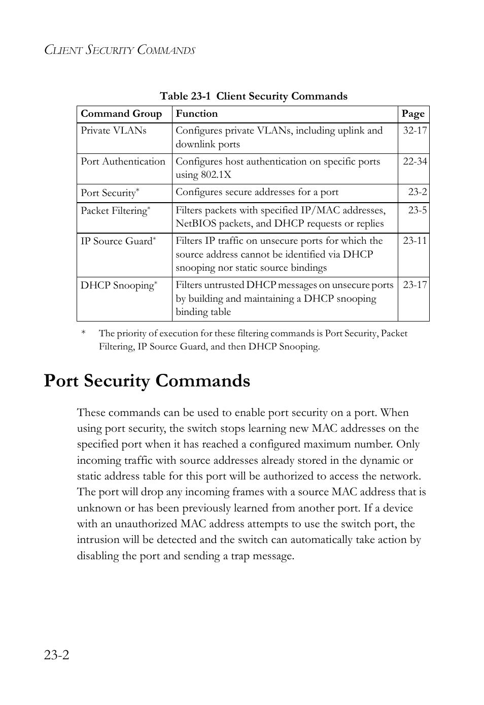 Port security commands, Port security commands -2, Table 23-1 client security commands -2 | SMC Networks TigerAccess SMC7816M User Manual | Page 590 / 962