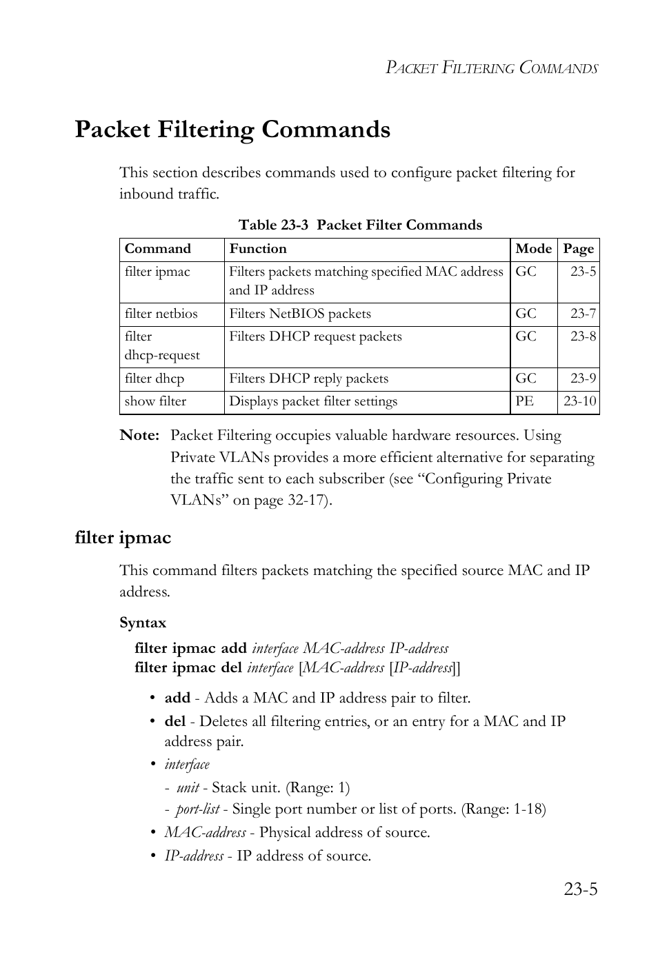 Packet filtering commands, Filter ipmac, Packet filtering commands -5 | Filter ipmac -5, Table 23-3 packet filter commands -5 | SMC Networks TigerAccess SMC7816M User Manual | Page 593 / 962
