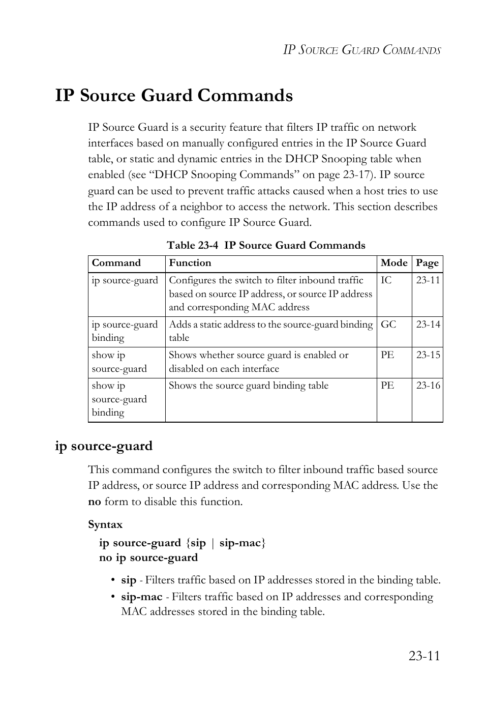Ip source guard commands, Ip source-guard, Ip source guard commands -11 | Ip source-guard -11, Table 23-4 ip source guard commands -11, Ip s | SMC Networks TigerAccess SMC7816M User Manual | Page 599 / 962