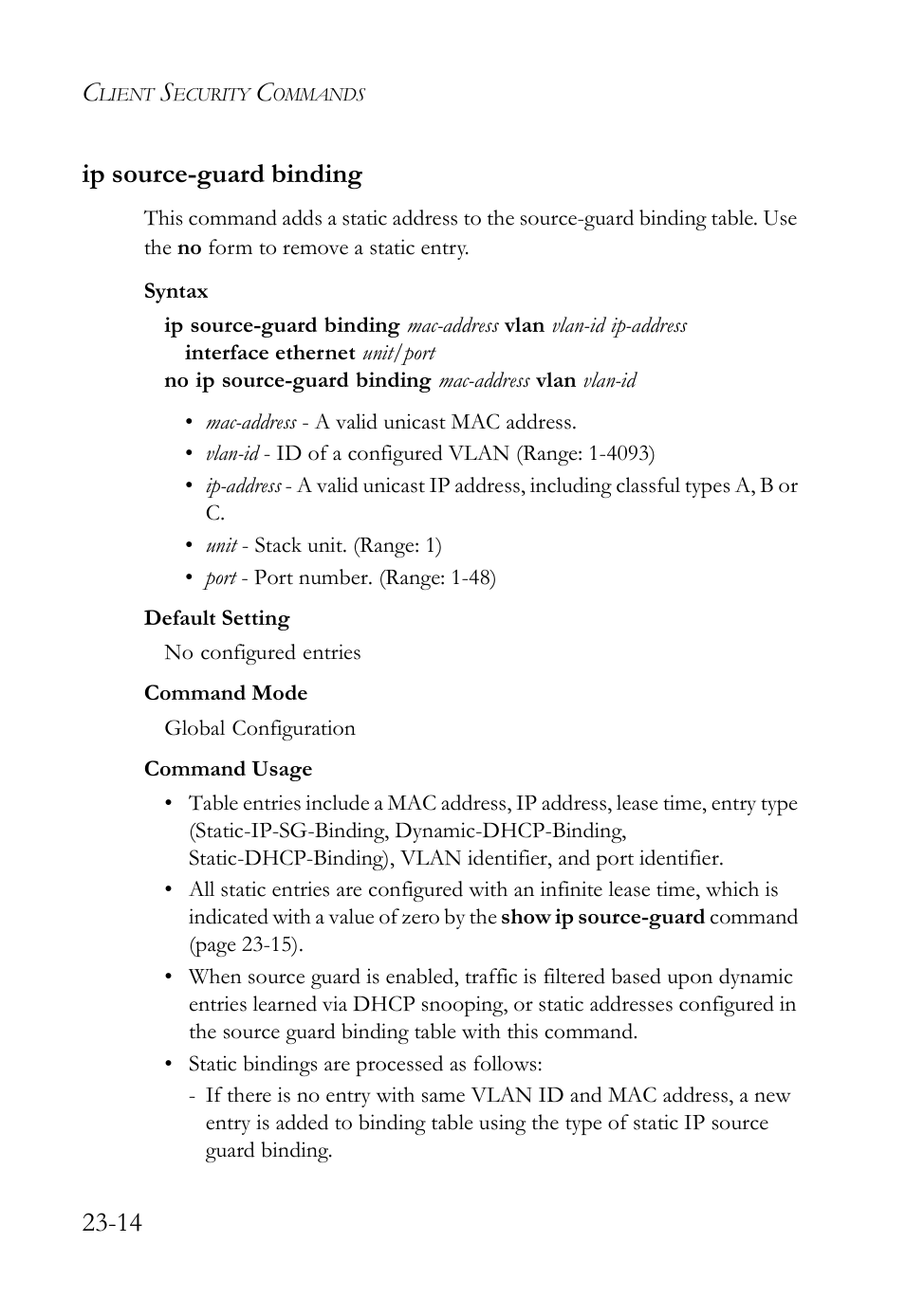 Ip source-guard binding, Ip source-guard binding -14, Source-guard binding | 14 ip source-guard binding | SMC Networks TigerAccess SMC7816M User Manual | Page 602 / 962