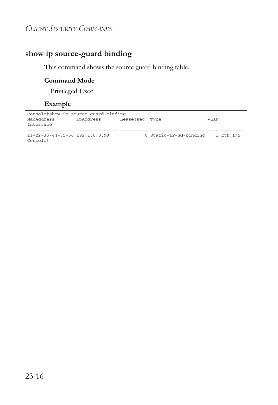 Show ip source-guard binding, Show ip source-guard binding -16, 16 show ip source-guard binding | SMC Networks TigerAccess SMC7816M User Manual | Page 604 / 962