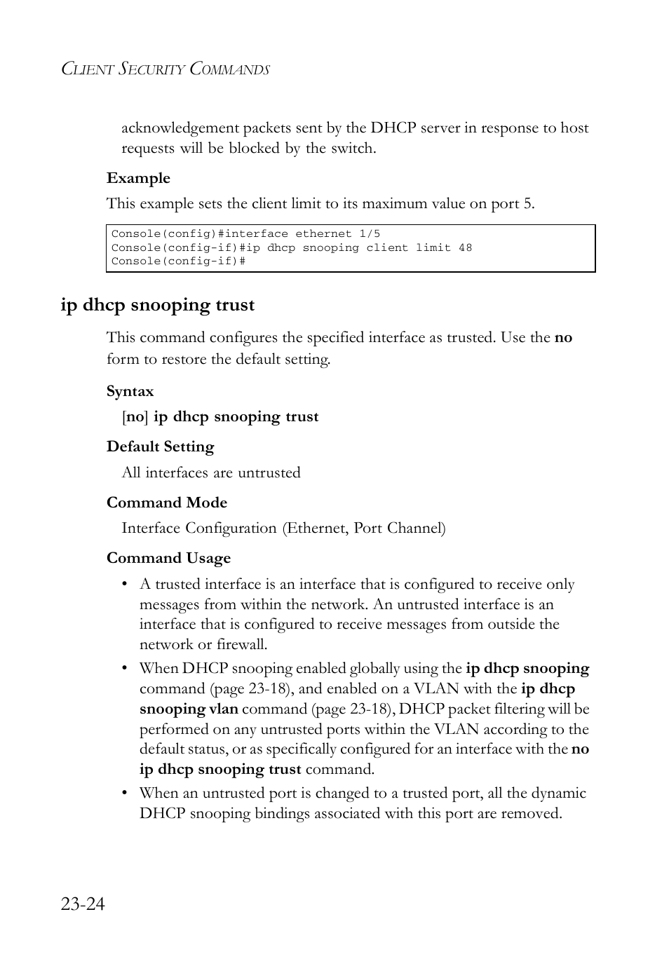 Ip dhcp snooping trust, Ip dhcp snooping trust -24, Ip dhcp snooping trust (23-24) | SMC Networks TigerAccess SMC7816M User Manual | Page 612 / 962