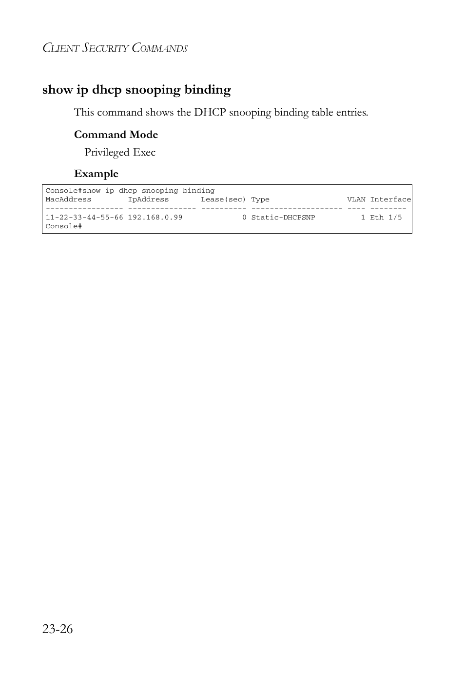 Show ip dhcp snooping binding, Show ip dhcp snooping binding -26, 26 show ip dhcp snooping binding | SMC Networks TigerAccess SMC7816M User Manual | Page 614 / 962