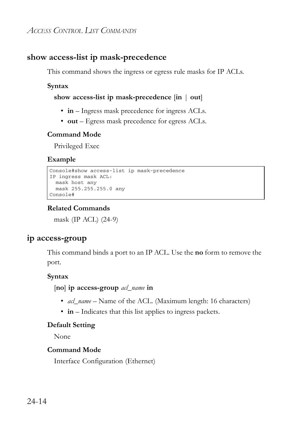 Show access-list ip mask-precedence, Ip access-group, 14 show access-list ip mask-precedence | SMC Networks TigerAccess SMC7816M User Manual | Page 628 / 962