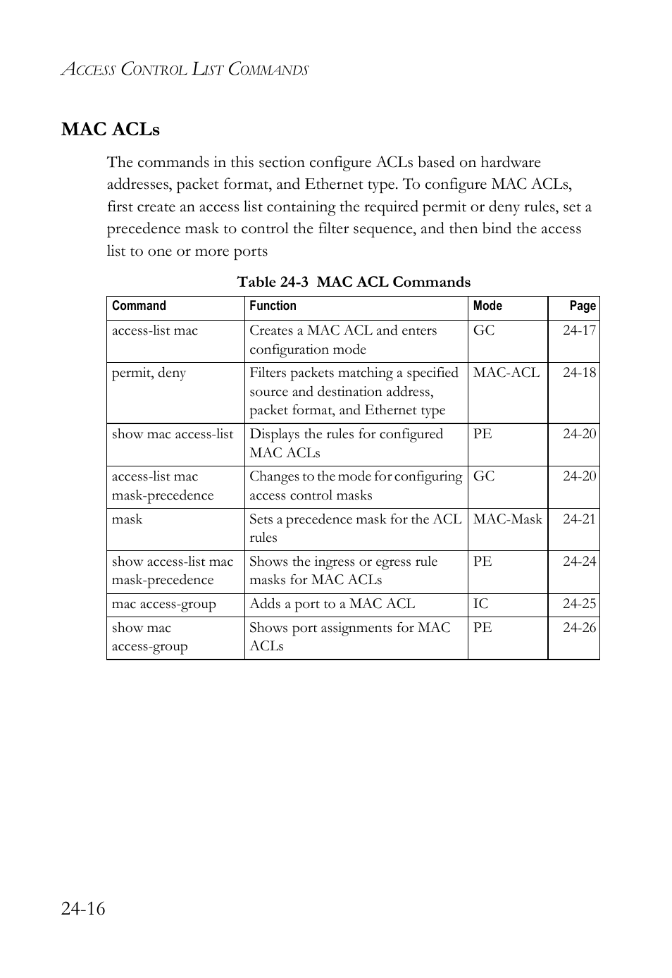Mac acls, Mac acls -16, Table 24-3 mac acl commands -16 | 16 mac acls | SMC Networks TigerAccess SMC7816M User Manual | Page 630 / 962