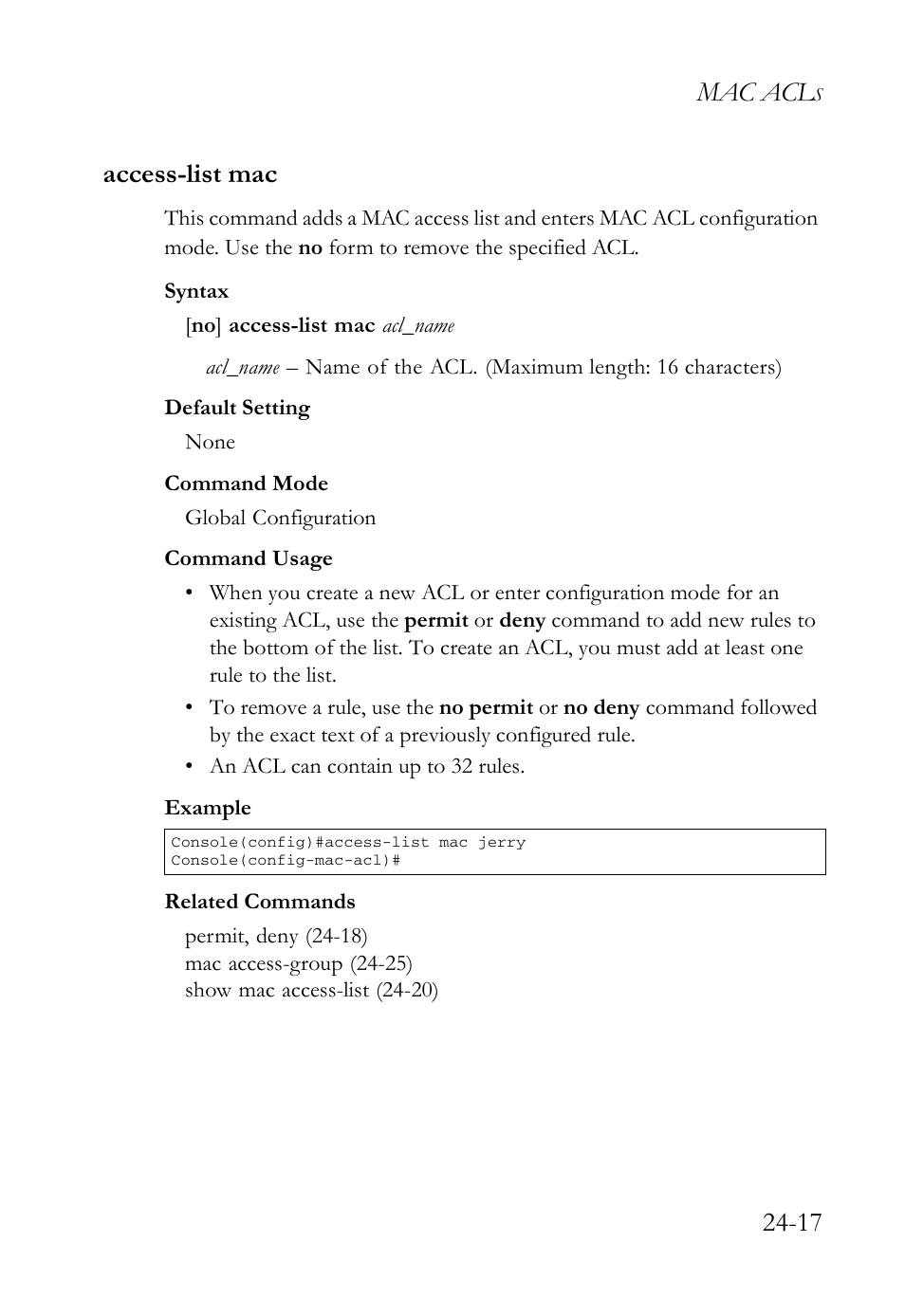 Access-list mac, Access-list mac -17, Mac acl | 17 access-list mac | SMC Networks TigerAccess SMC7816M User Manual | Page 631 / 962