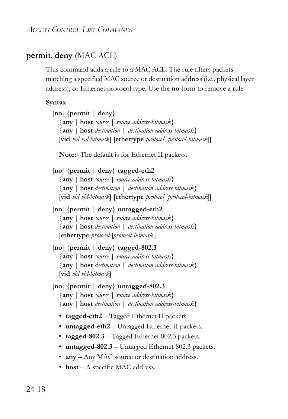 Permit, deny (mac acl), Permit, deny (mac acl) -18, 18 permit , deny (mac acl) | SMC Networks TigerAccess SMC7816M User Manual | Page 632 / 962