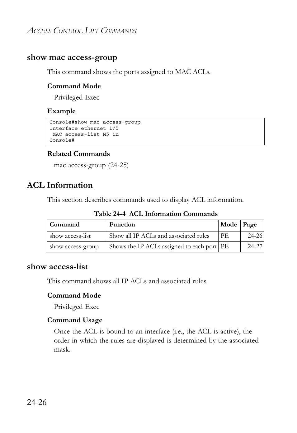 Show mac access-group, Acl information, Show access-list | Show mac access-group -26, Acl information -26, Show access-list -26, Table 24-4 acl information commands -26, 26 show mac access-group | SMC Networks TigerAccess SMC7816M User Manual | Page 640 / 962