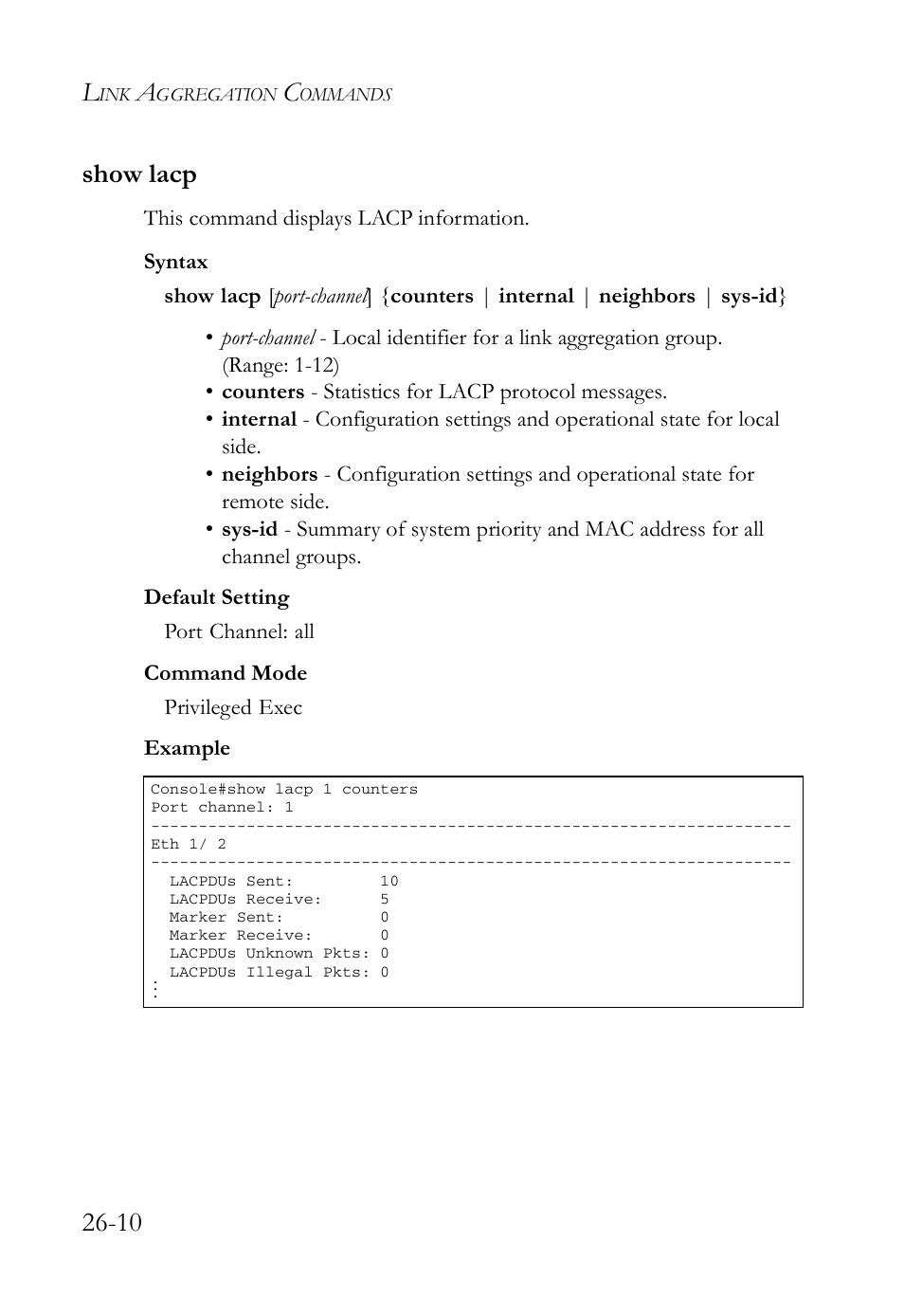 Show lacp, Show lacp -10, 10 show lacp | SMC Networks TigerAccess SMC7816M User Manual | Page 670 / 962