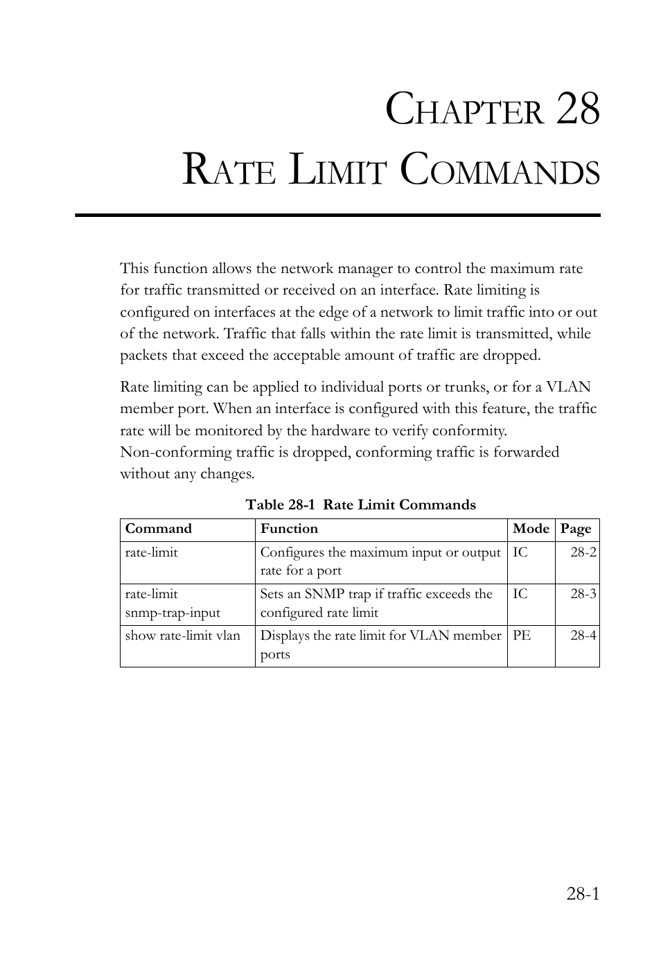 Chapter 28 rate limit commands, 28 rate limit commands -1, Table 28-1 rate limit commands -1 | Rate limit commands, 28 r, Hapter, Imit, Ommands | SMC Networks TigerAccess SMC7816M User Manual | Page 679 / 962