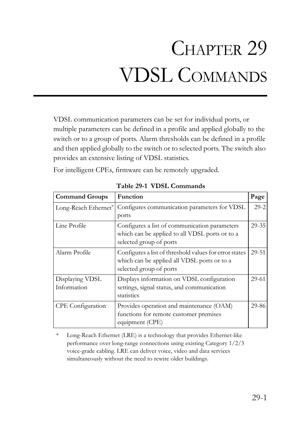 Chapter 29 vdsl commands, 29 vdsl commands -1, Table 29-1 vdsl commands -1 | Vdsl commands, 29 vdsl c, Hapter, Ommands | SMC Networks TigerAccess SMC7816M User Manual | Page 683 / 962