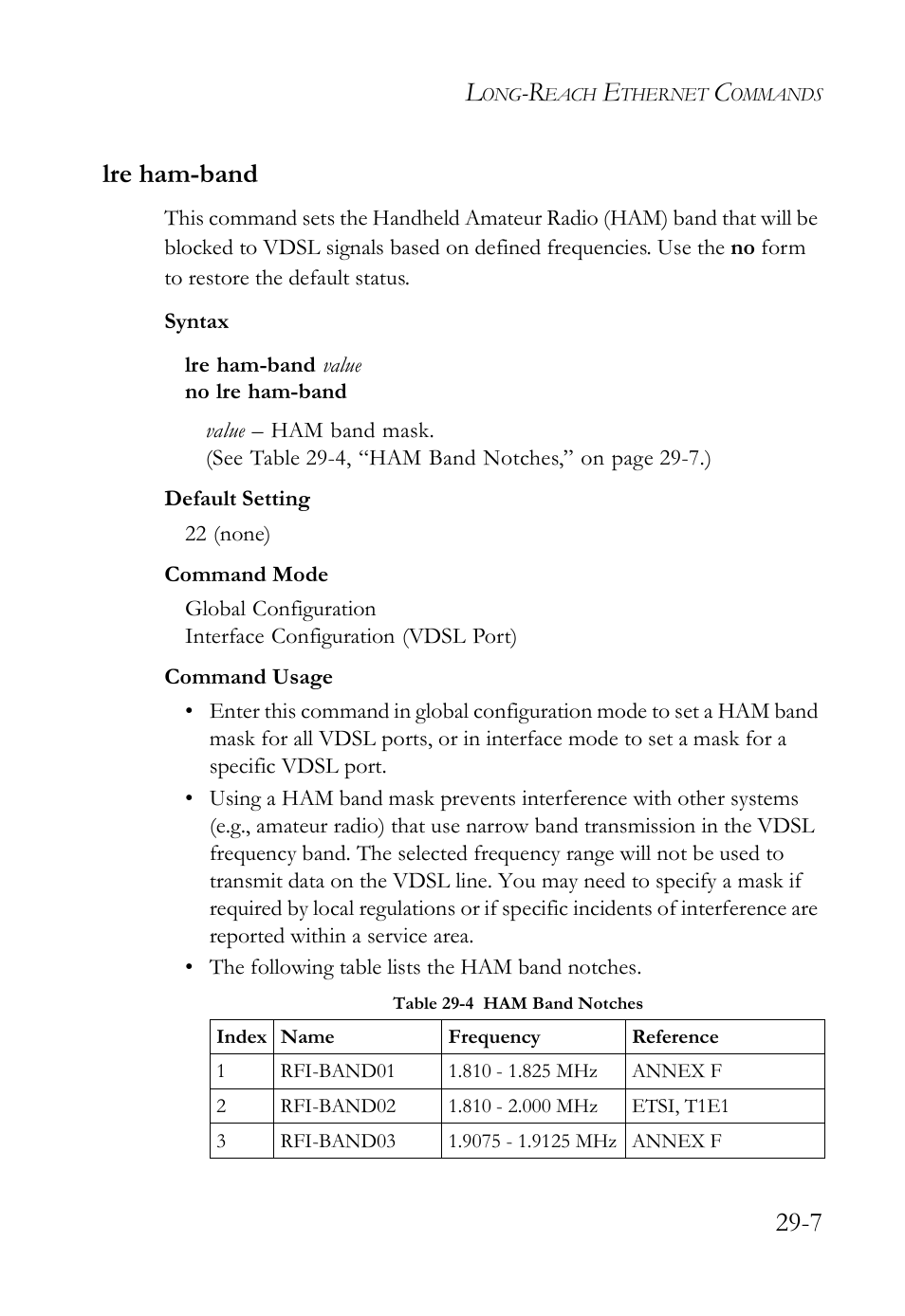 Lre ham-band, Lre ham-band -7, Table 29-4 ham band notches -7 | 7 lre ham-band | SMC Networks TigerAccess SMC7816M User Manual | Page 689 / 962