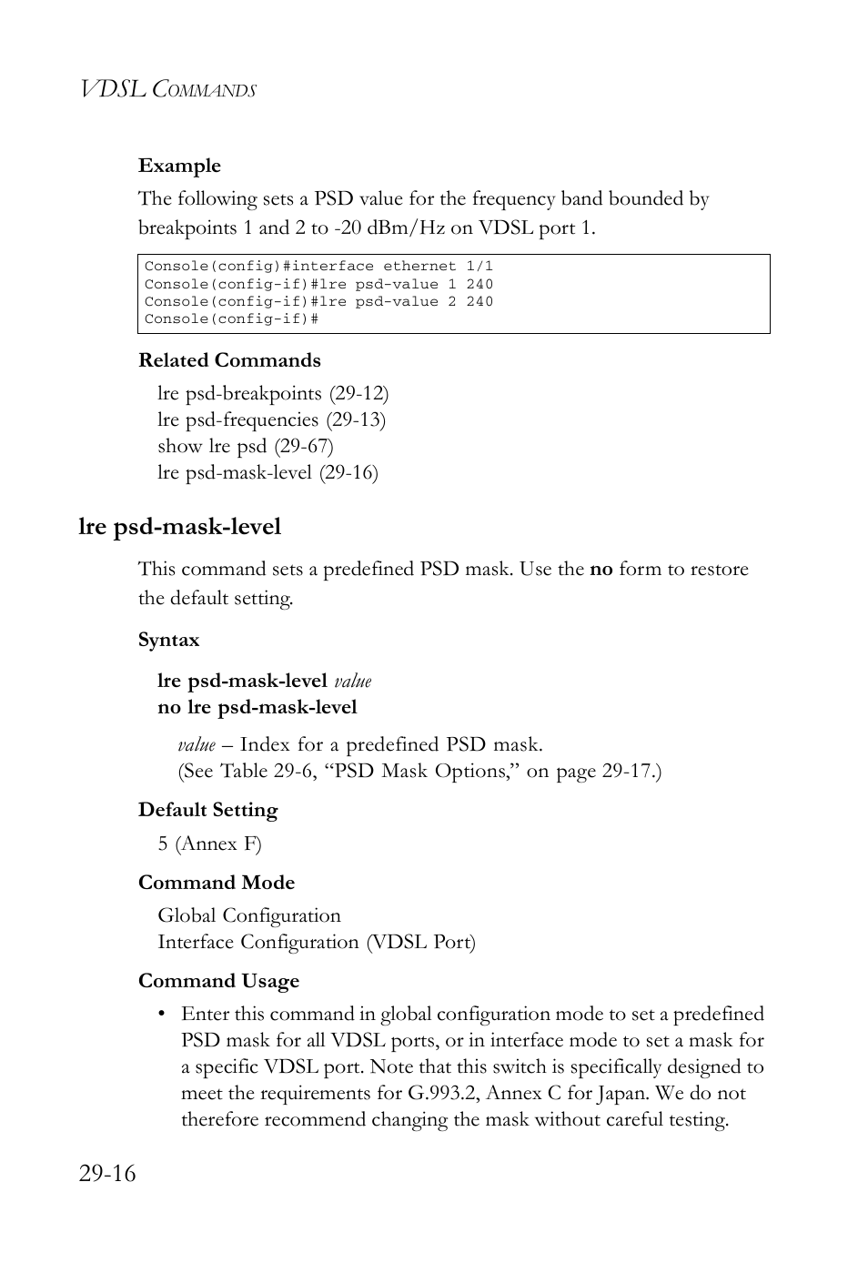 Lre psd-mask-level, Lre psd-mask-level -16, Lre psd-mask-level (29-16) | Vdsl c | SMC Networks TigerAccess SMC7816M User Manual | Page 698 / 962