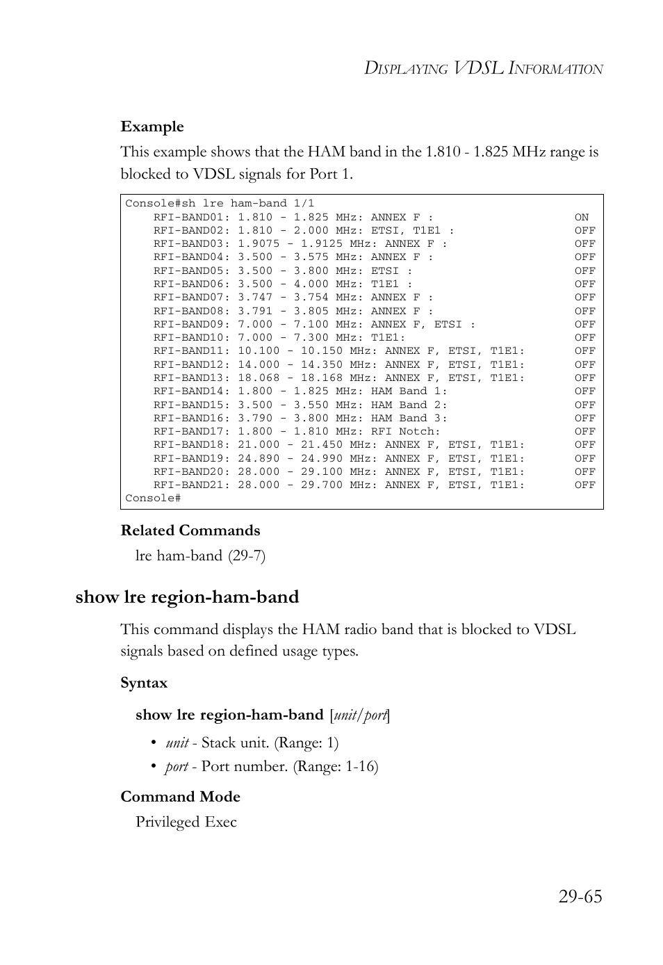 Show lre region-ham-band, Show lre region-ham-band -65, Show lre region-ham-band (29-65) | Vdsl i | SMC Networks TigerAccess SMC7816M User Manual | Page 747 / 962