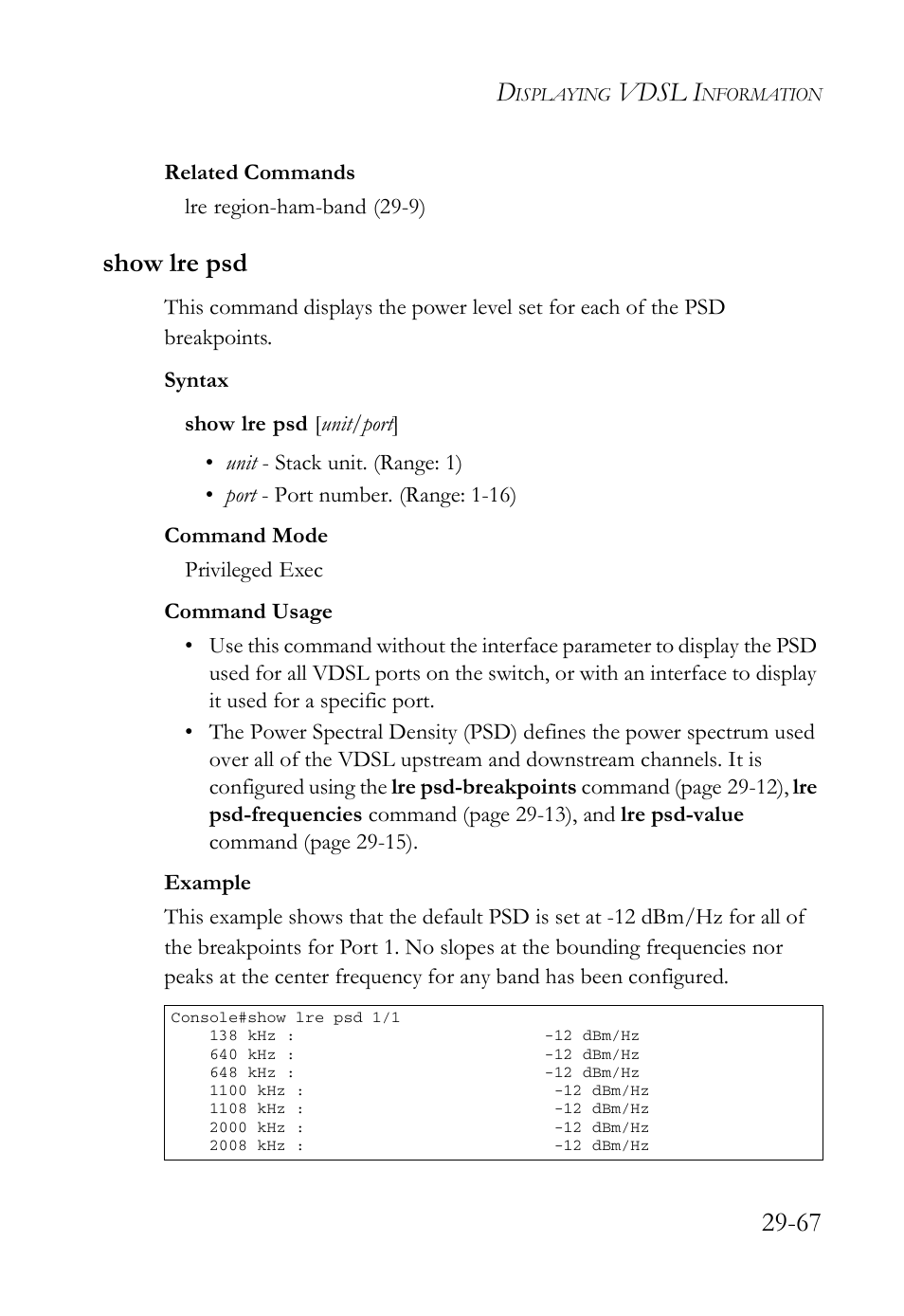 Show lre psd, Show lre psd -67, Show lre psd (29-67) | Vdsl i | SMC Networks TigerAccess SMC7816M User Manual | Page 749 / 962