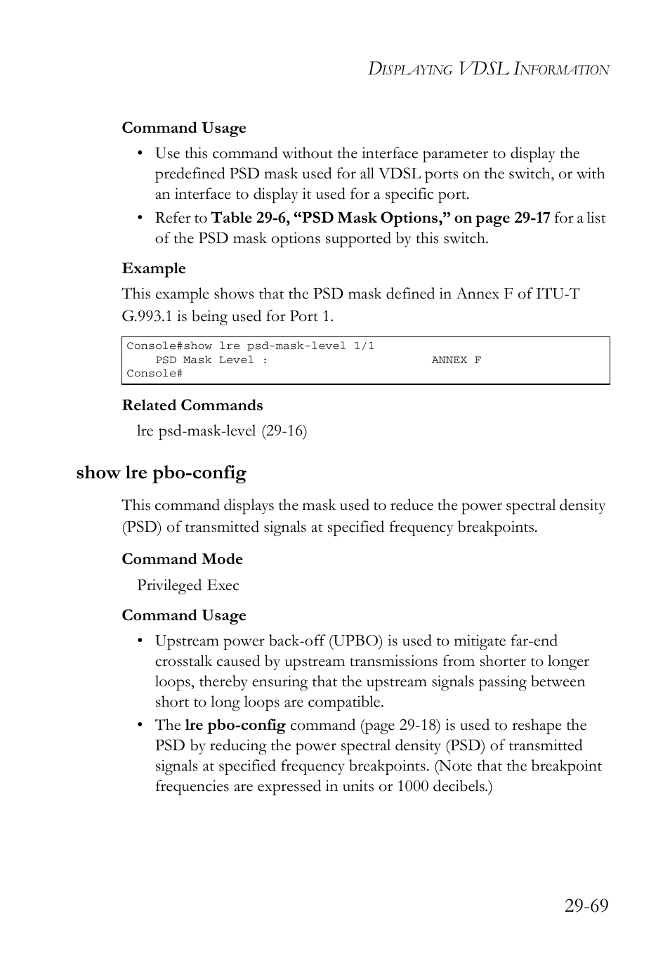Show lre pbo-config, Show lre pbo-config -69, Show lre pbo-config (29-69) | Vdsl i | SMC Networks TigerAccess SMC7816M User Manual | Page 751 / 962