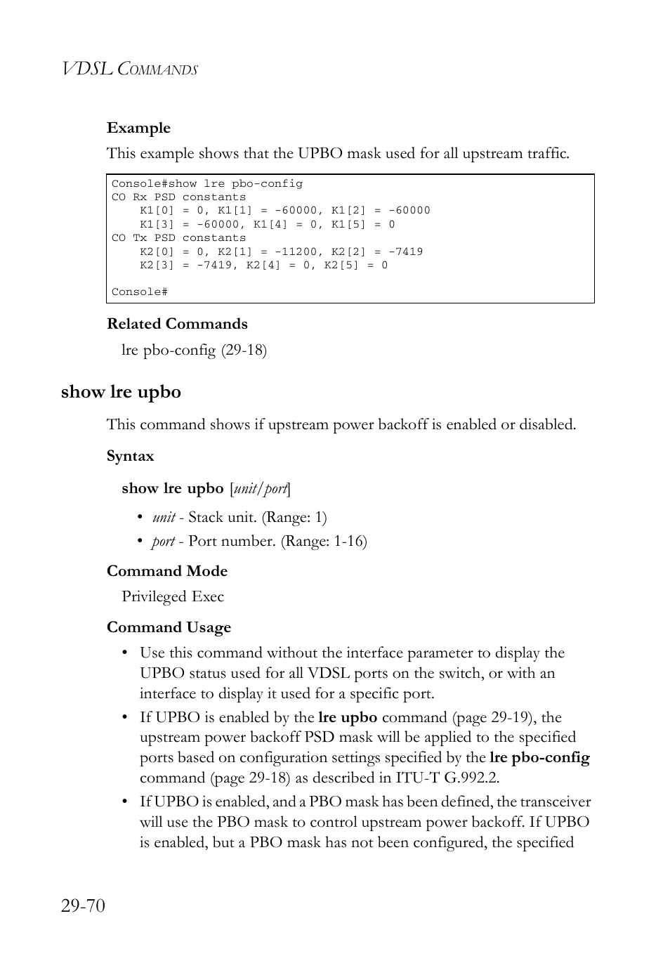 Show lre upbo, Show lre upbo -70, Show lre upbo (29-70) | Vdsl c | SMC Networks TigerAccess SMC7816M User Manual | Page 752 / 962