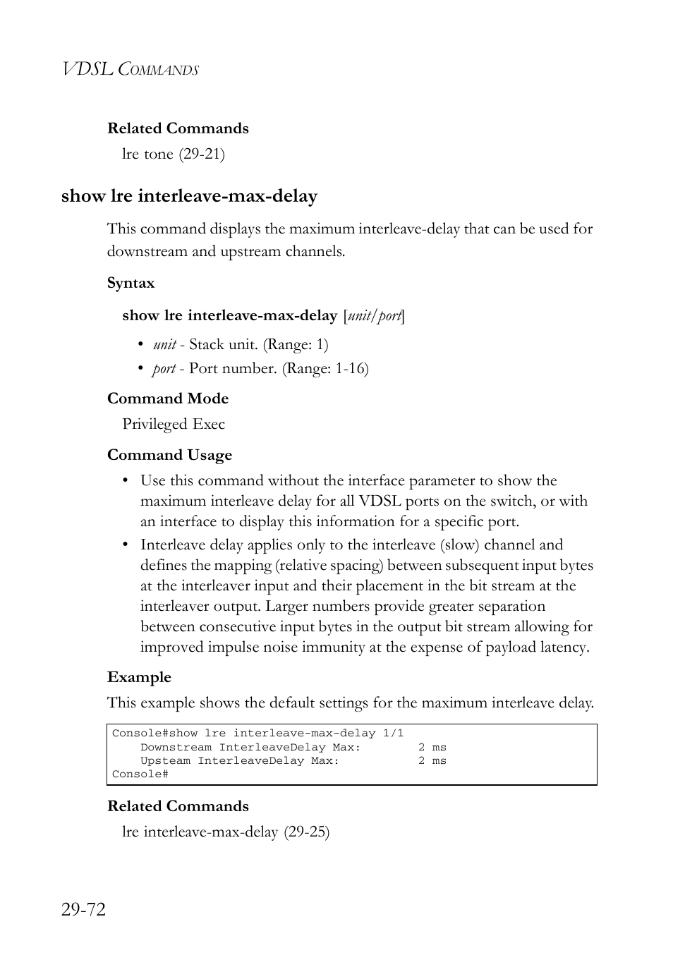 Show lre interleave-max-delay, Show lre interleave-max-delay -72, Vdsl c | SMC Networks TigerAccess SMC7816M User Manual | Page 754 / 962