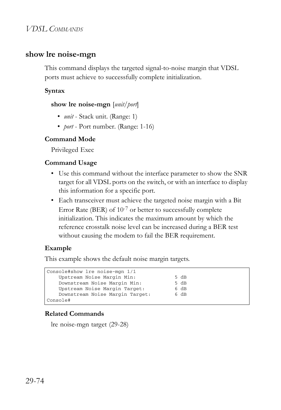 Show lre noise-mgn, Show lre noise-mgn -74, Vdsl c | 74 show lre noise-mgn | SMC Networks TigerAccess SMC7816M User Manual | Page 756 / 962