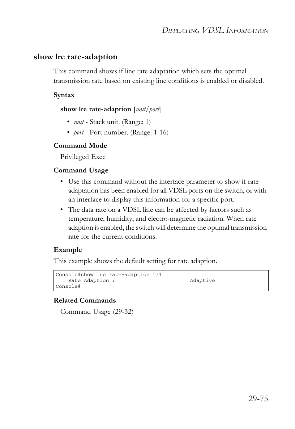 Show lre rate-adaption, Show lre rate-adaption -75, Show lre rate-adaption (29-75) | Vdsl i, 75 show lre rate-adaption | SMC Networks TigerAccess SMC7816M User Manual | Page 757 / 962