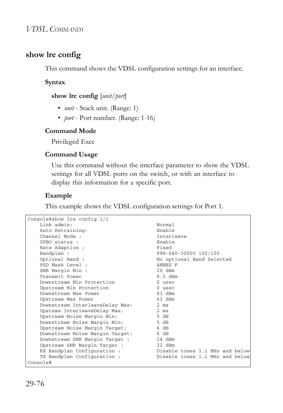 Show lre config, Show lre config -76, Vdsl c | 76 show lre config | SMC Networks TigerAccess SMC7816M User Manual | Page 758 / 962