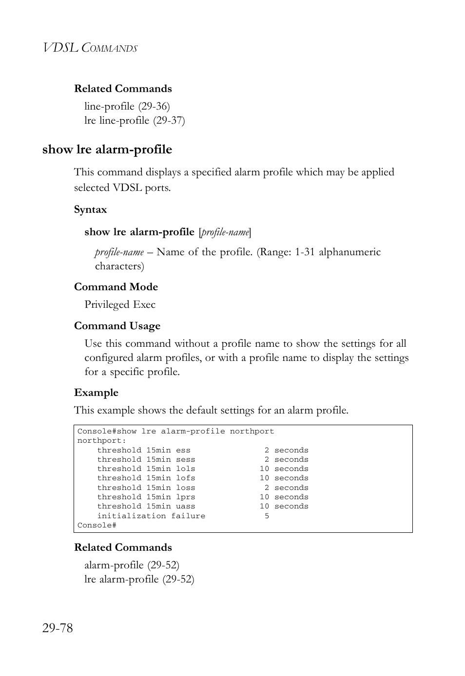 Show lre alarm-profile, Show lre alarm-profile -78, Vdsl c | SMC Networks TigerAccess SMC7816M User Manual | Page 760 / 962